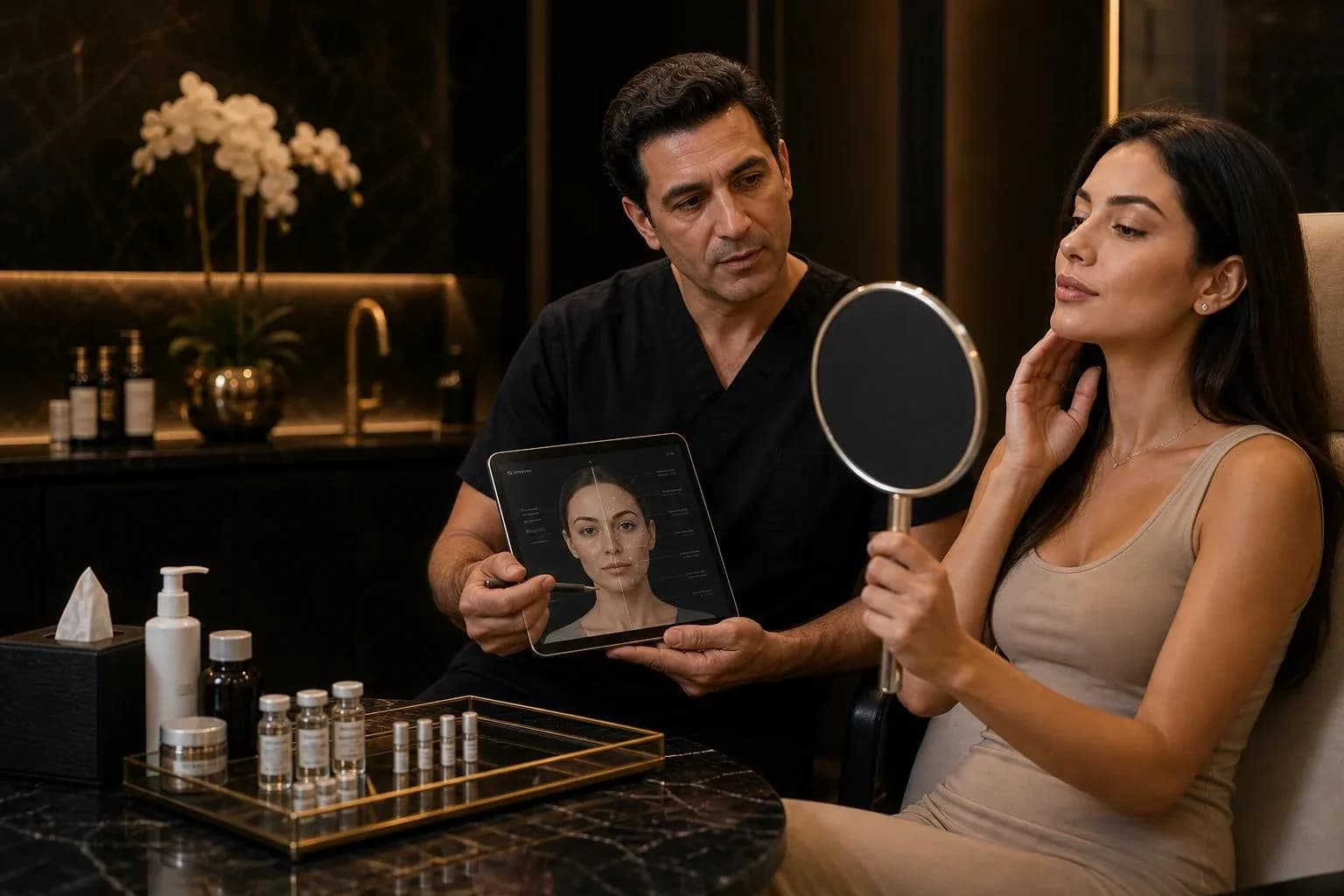 Patient checking her face in a hand mirror during a cosmetic surgery consultation