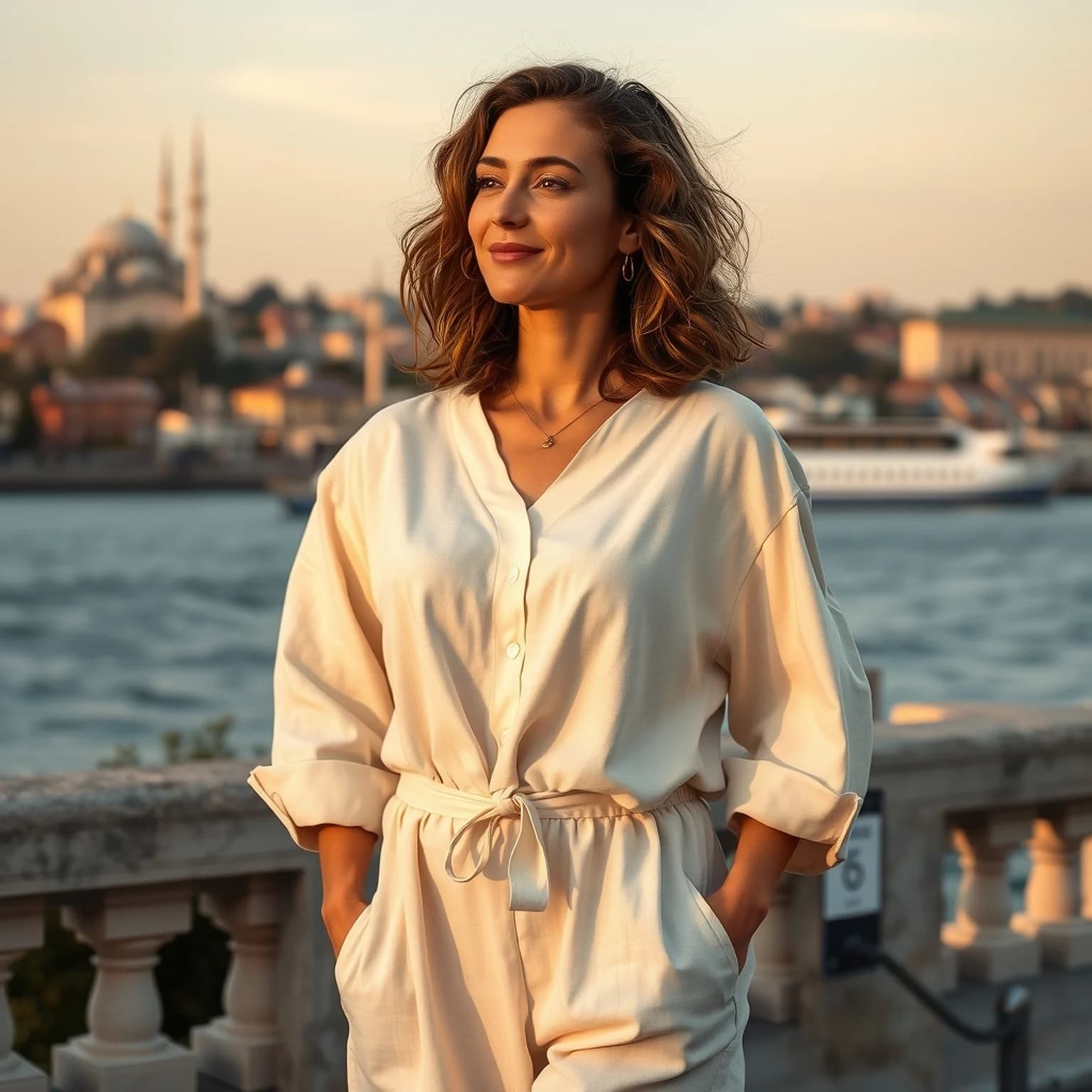 A woman on an Istanbul terrace above the Bosphorus at golden hour, a calm place to recover after surgery in Türkiye