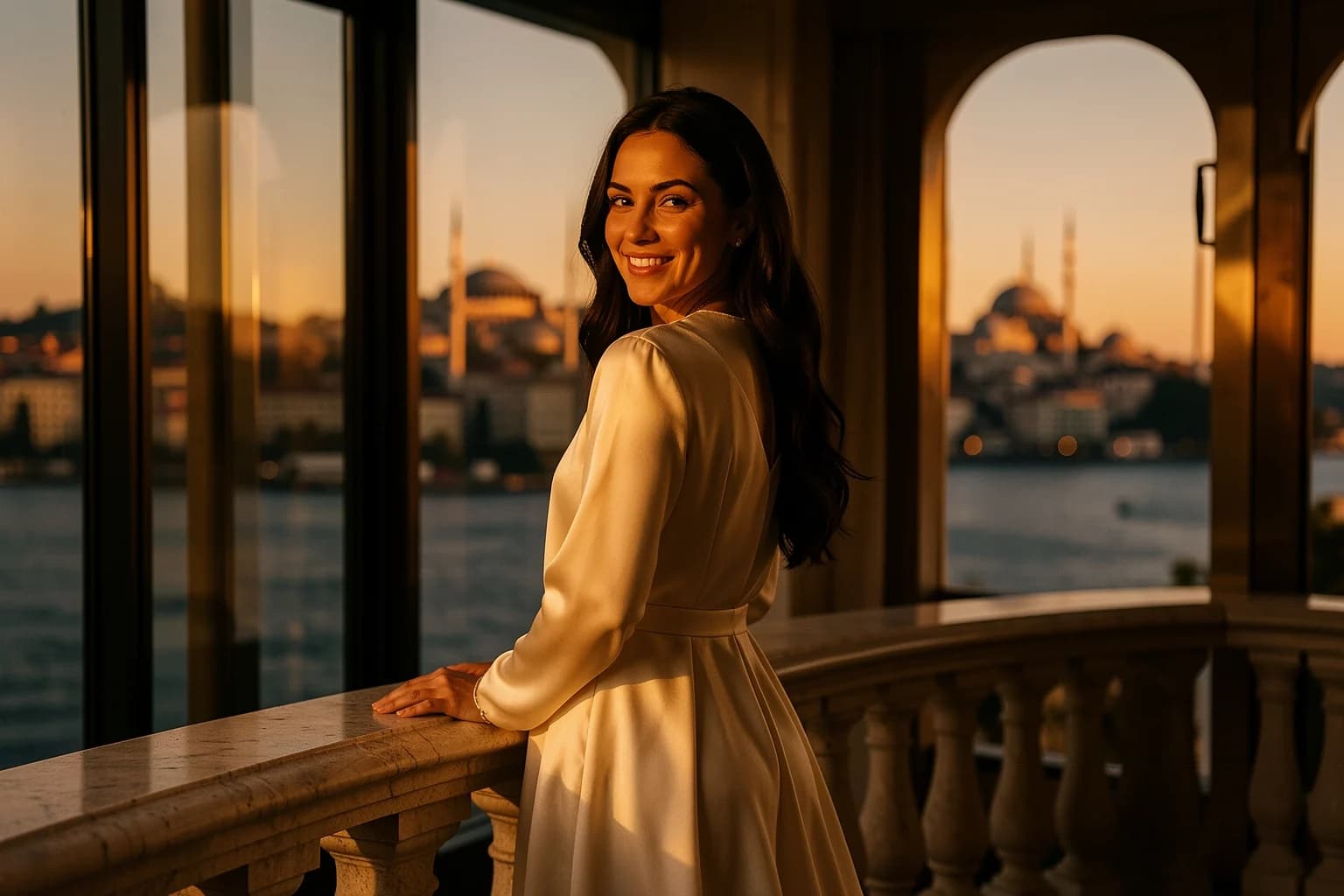 A woman on an Istanbul terrace above the water at golden hour.