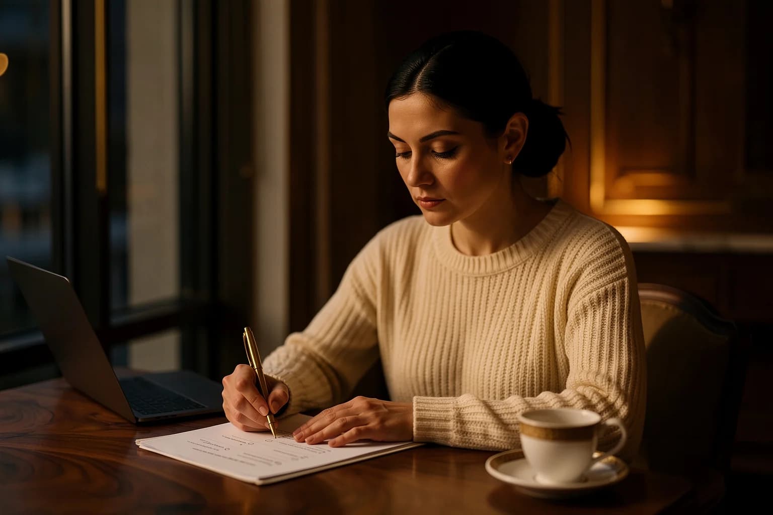 A woman working through a printed checklist at her table.