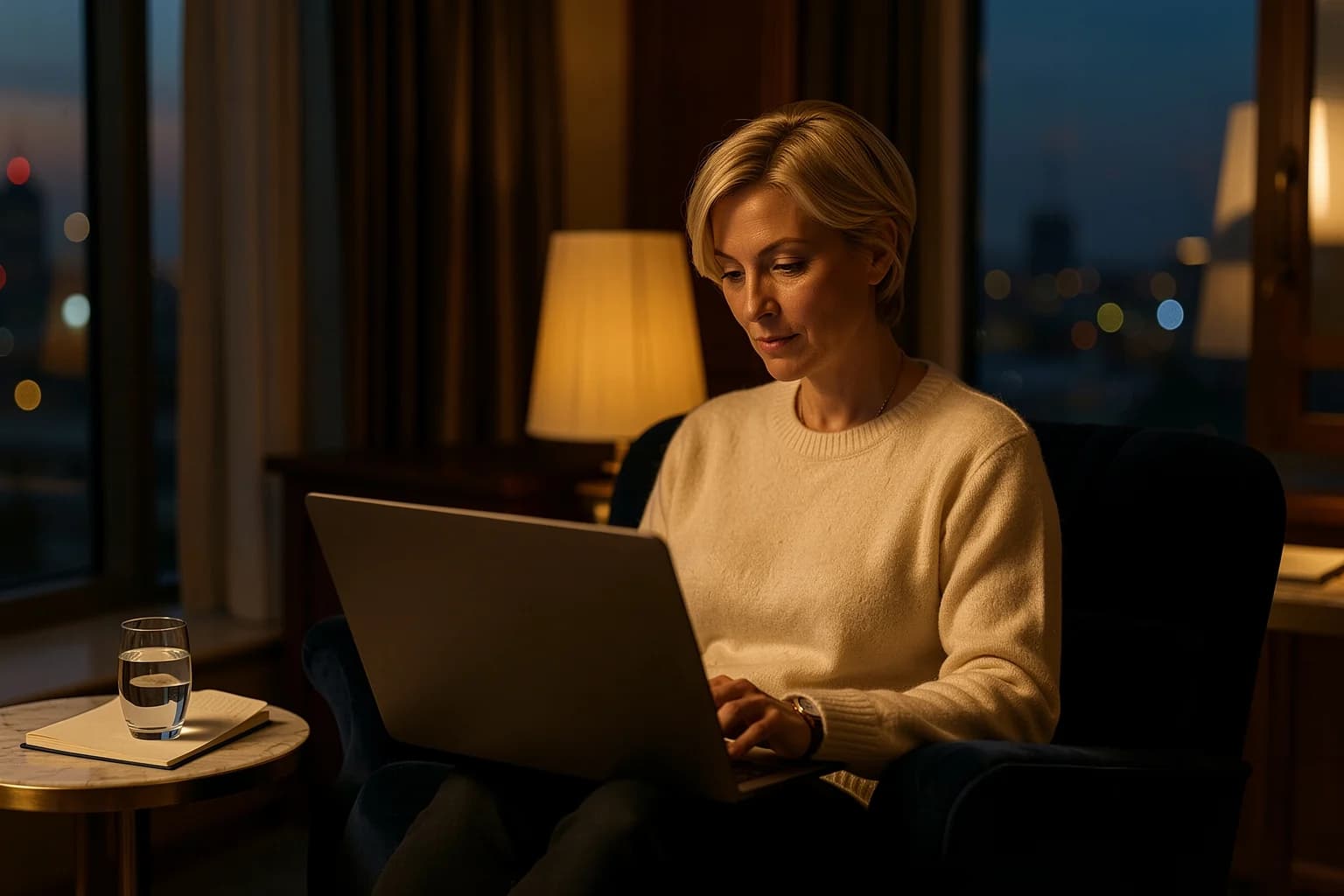 A woman comparing surgeon profiles side by side on her laptop at home.