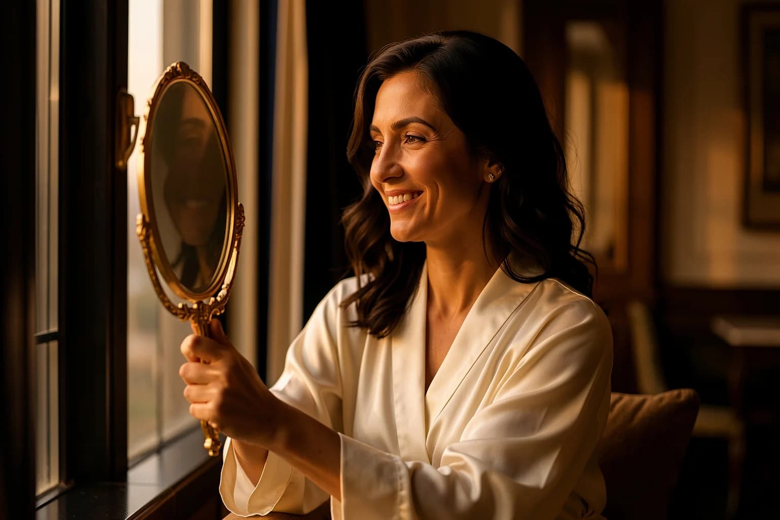 A woman looking at her reflection in a hand mirror.