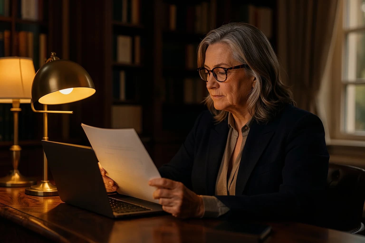 A researcher checking a document against an official record on her laptop.