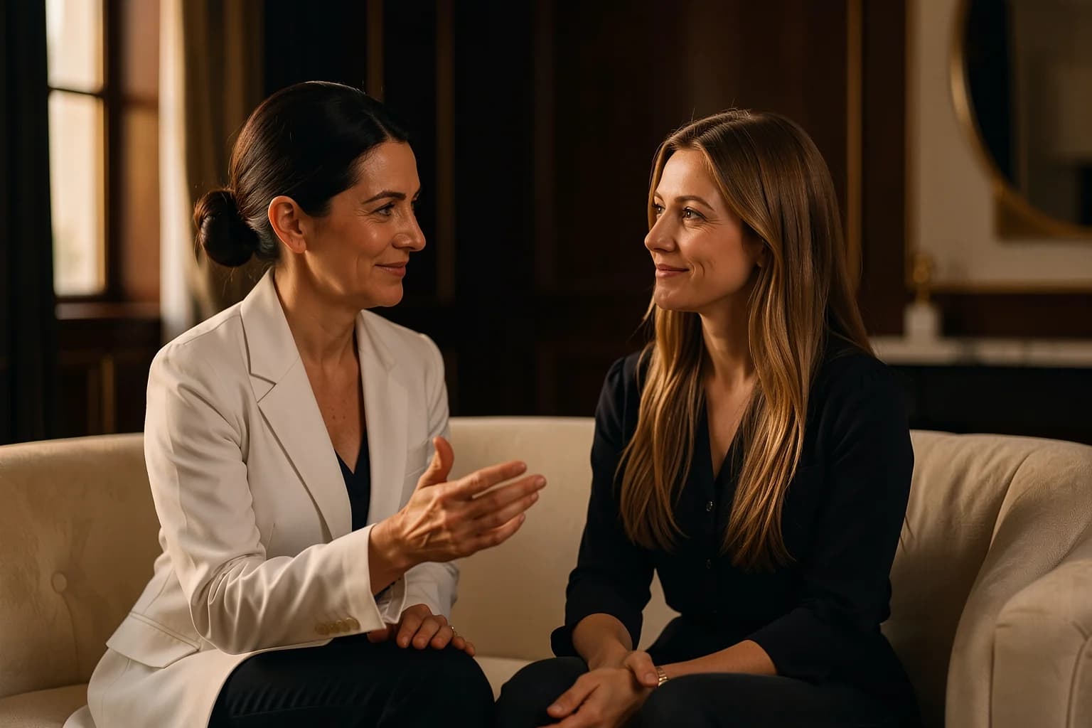A surgeon talking a patient through her options in a consultation room.