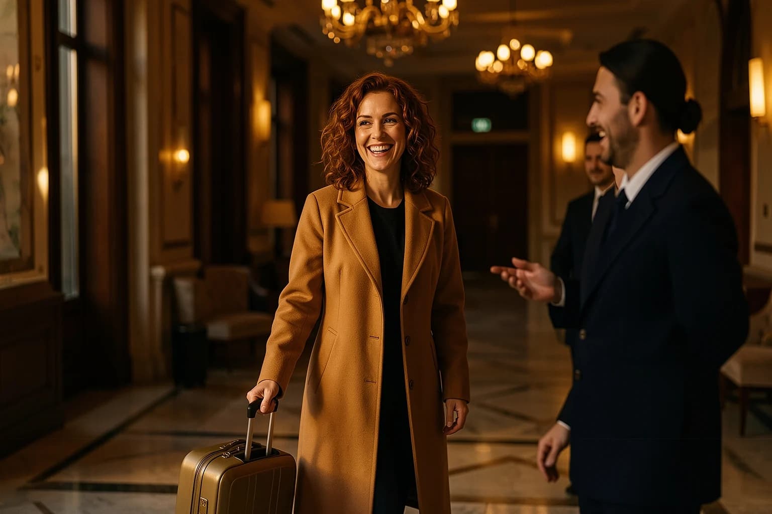 A traveller with a small suitcase arriving at her hotel.