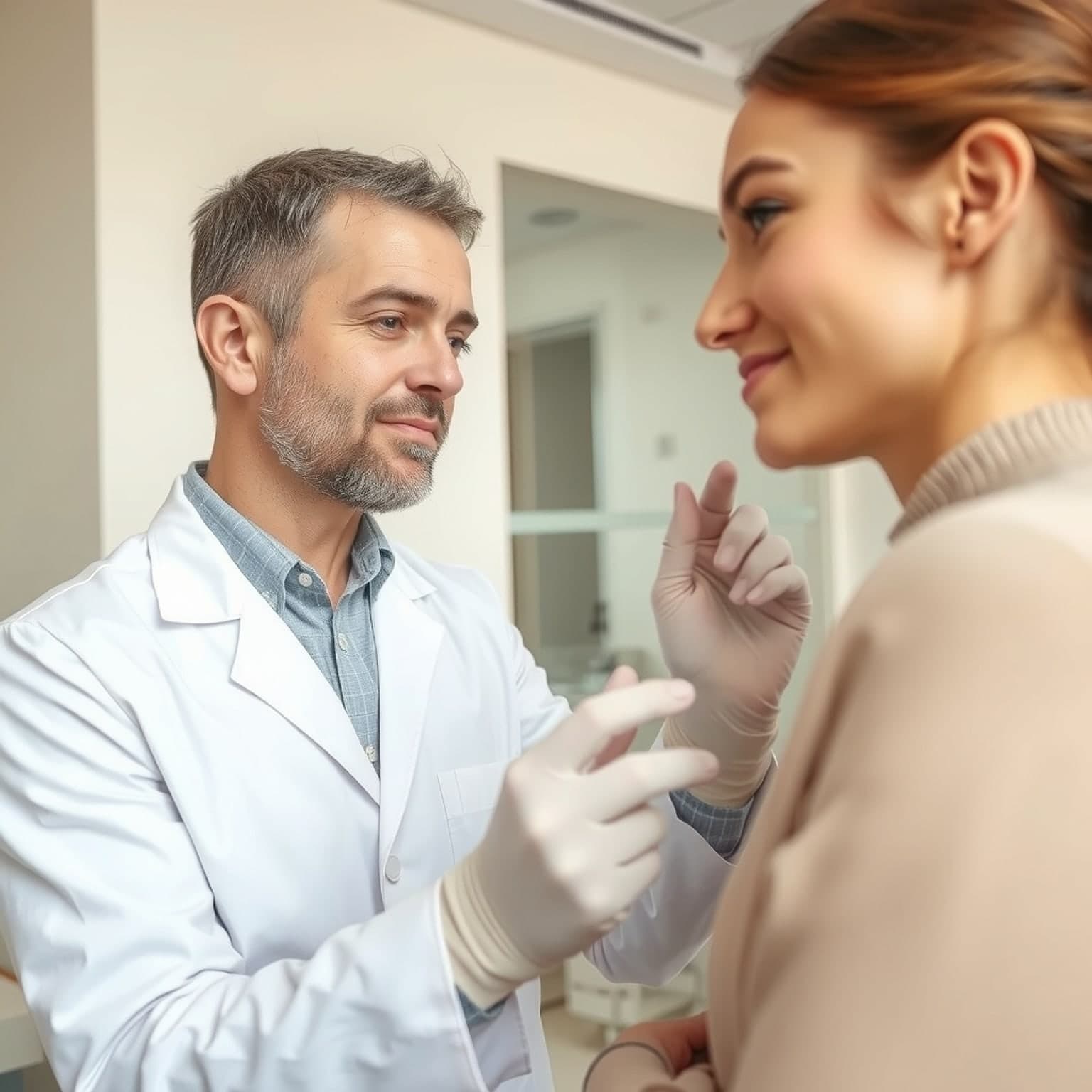 A surgeon examining a patient's nose in a clinic.