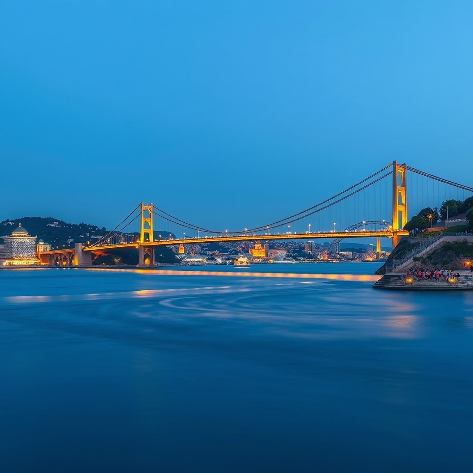 The Bosphorus Bridge lit up at night, Istanbul