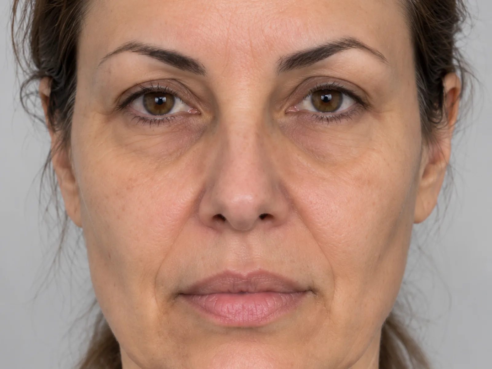 Illustrative image, before: a woman's face, front view. Generated artwork, not a patient photograph.
